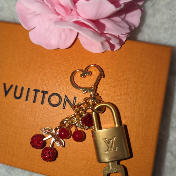 Louis Vuitton Authentic Padlock And Key #301  with Gold and Red Cherry Charms - Picture 3 of 4